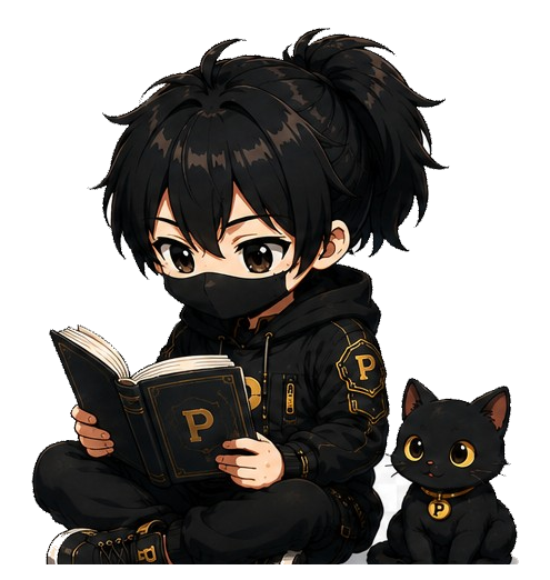 本棚を案内するPersonaScopeのちびキャラと黒猫